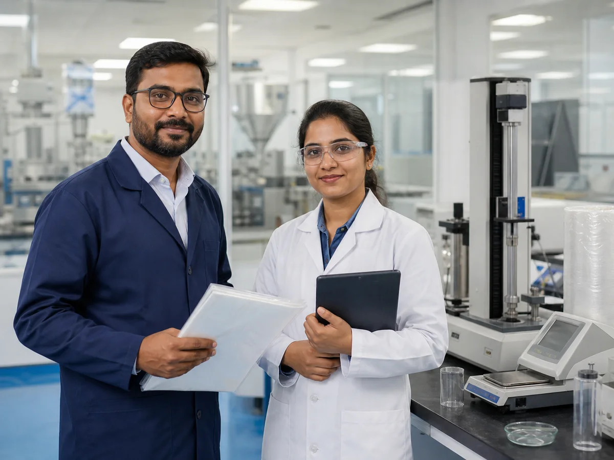 Industrial packaging engineer and quality assurance specialist in a modern testing laboratory