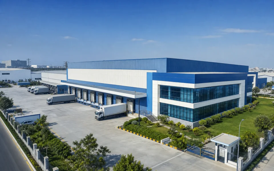 Modern manufacturing facility with organized logistics bays