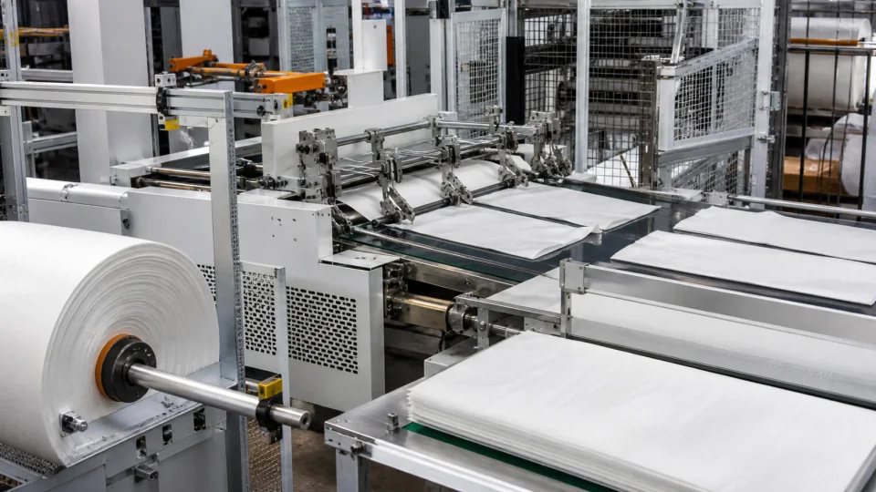 Automated conversion machinery handling woven polypropylene sacks