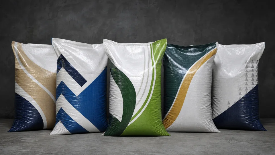Studio display of laminated BOPP woven packaging bags