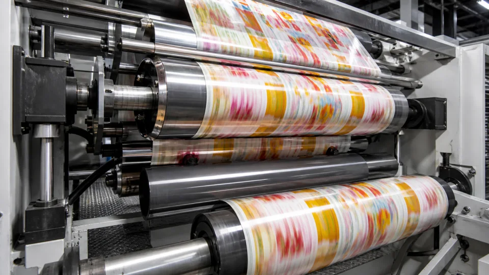 Rotogravure printing rollers feeding flexible packaging film