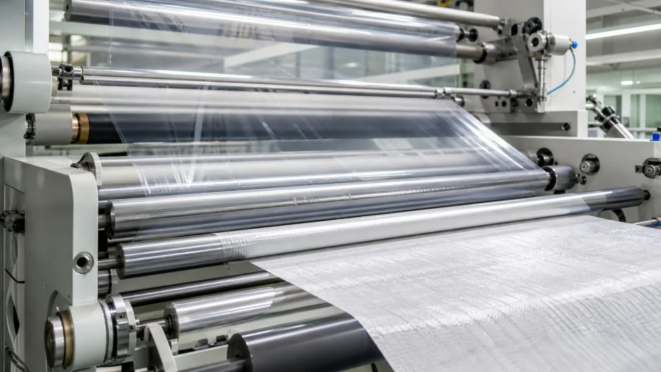 Lamination machinery bonding film to woven polypropylene fabric