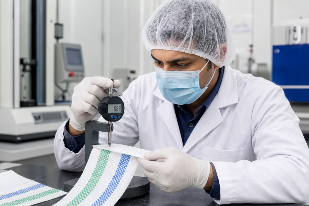 Quality specialist measuring a woven polypropylene sample